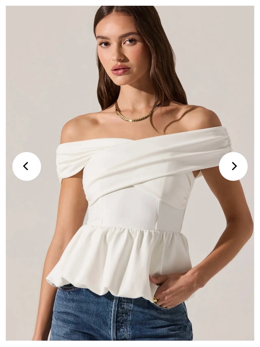 NWOT ASTR The Label Women’s White Tennille Off The Shoulder Peplum Top. Size M